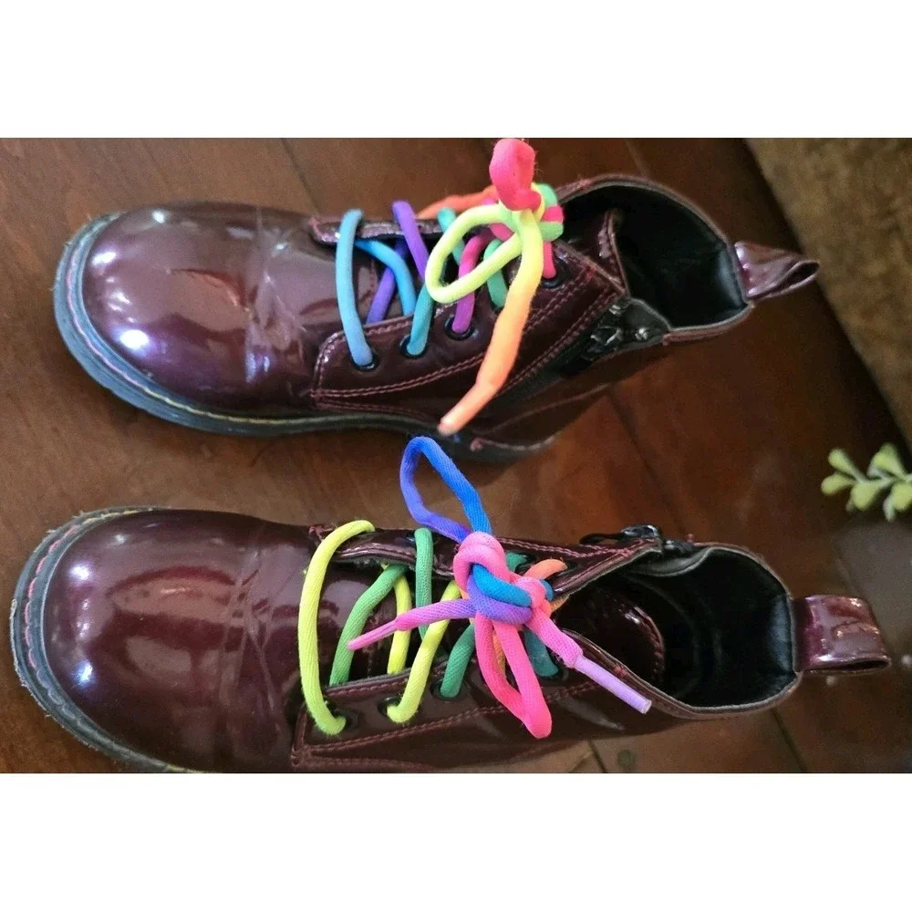 Hawkwell Girls Patent Burgundy Waterproof‎ Boots SZ 11 Rainbow Color Shoe Laces